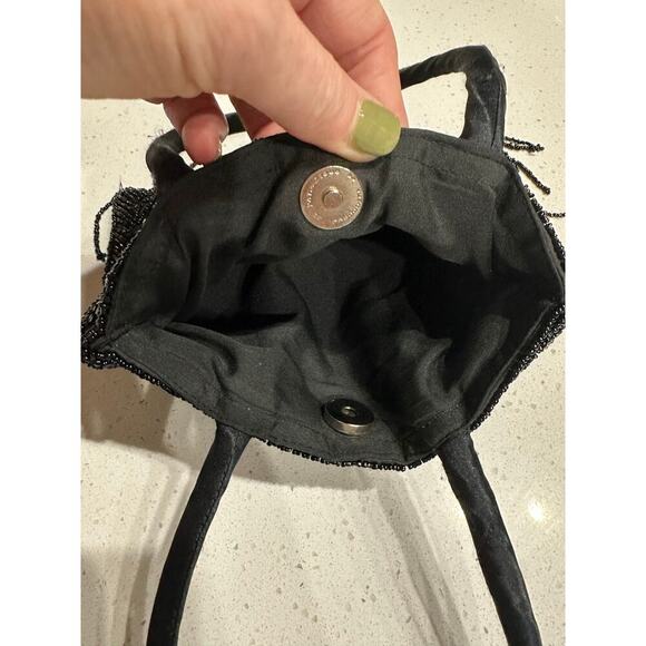 Black Beaded Evening hand bag Fringe Satin Handles Formal Party Night out - Picture 7 of 8